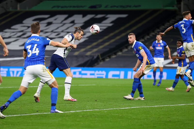 Tottenham Hotspur's Gareth Bale heads the ball to score against Brighton. AFP