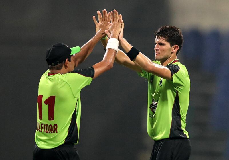 Abu Dhabi, United Arab Emirates - October 04, 2018: Lahore's Shaheen Afridi takes the wicket of Yorkshire's Gary Ballance in the game between Lahore Qalandars and Yorkshire in the Abu Dhabi T20 competition. Thursday, October 4th, 2018 at Zayed Cricket Stadium, Abu Dhabi. Chris Whiteoak / The National