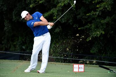 Sep 20, 2018; Atlanta, GA, USA;  Patrick Reed tees off on the second hole during the first round of the Tour Championship golf tournament at East Lake Golf Club. Mandatory Credit: John David Mercer-USA TODAY Sports