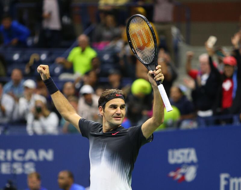 Aug 29, 2017; New York, NY, USA; Roger Federer of Switzerland celebrates after match point against Frances Tiafoe of the United States on day two of the U.S. Open tennis tournament at USTA Billie Jean King National Tennis Center. Mandatory Credit: Jerry Lai-USA TODAY Sports