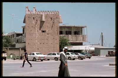 Defense tower at edge of Al Shindagha, already a beneficiary of preservation efforts, 1977 by Mark Harris. Photo: John R Harris Library