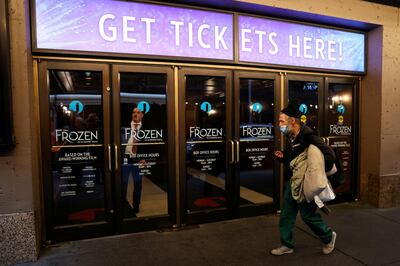 FILE PHOTO: A man wears a mask as he passes the closed St. James Theatre where the musical "Frozen" plays after it was announced that Broadway shows will cancel performances due to the coronavirus outbreak in New York, U.S., March 12, 2020. REUTERS/Mike Segar/File Photo