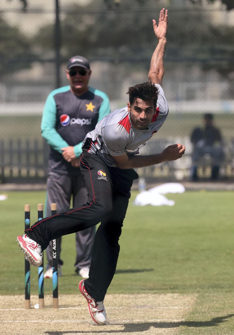 Dubai, United Arab Emirates - October 10th, 2017: UAE bowler Qadeer Ahmed trains with Pakistan's one-day team. Tuesday, October 10th, 2017 at ICC Cricket Academy, Dubai Sports City, Dubai. Chris Whiteoak / The National