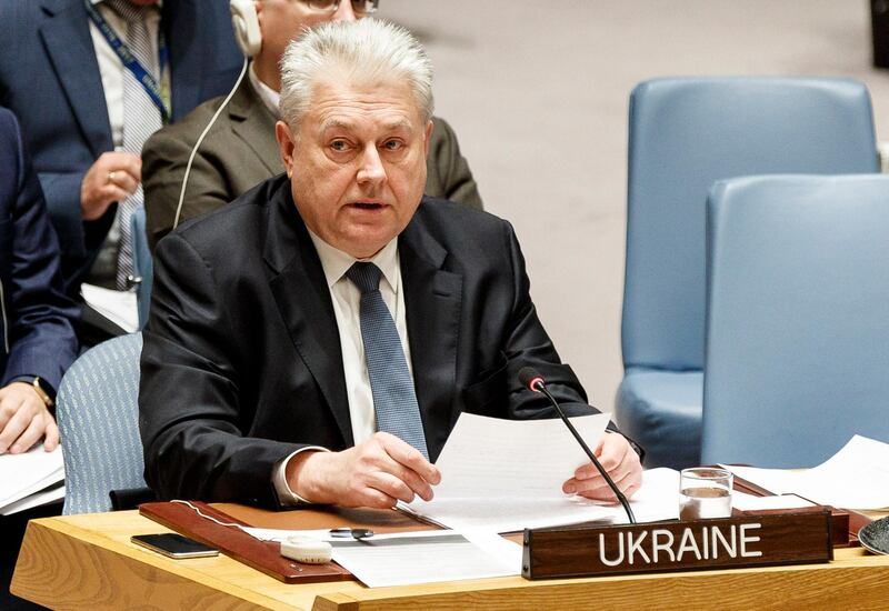 Ukraine's Ambassador to the United Nations Volodymyr Yelchenko addresses an emergency United Nations Security Council meeting about tensions between Russia and Ukraine. EPA