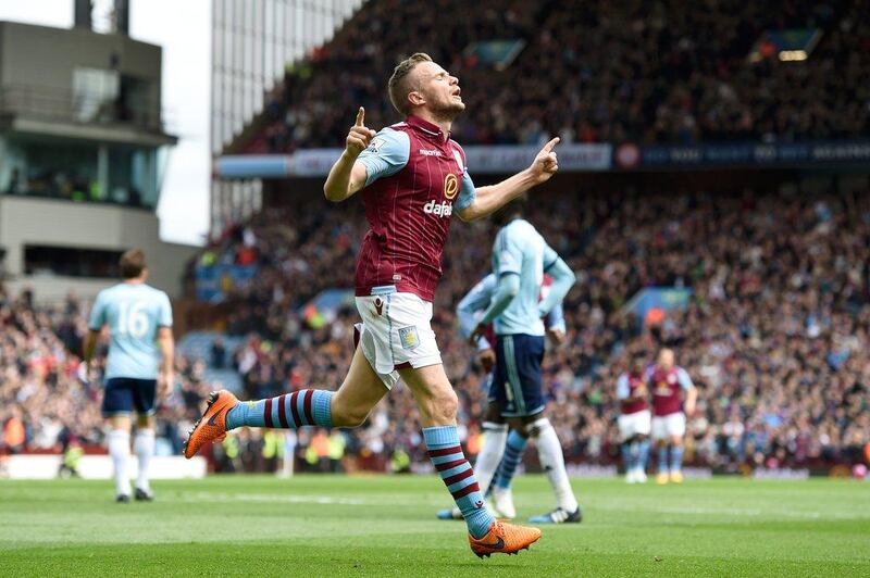 Tom Cleverley celebrates scoring the opening goal for Aston Villa against West Ham United on May 9, 2015. Getty