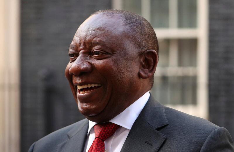 FILE PHOTO: South Africa's President Cyril Ramaphosa speaks after his meeting with Britain's Prime Minister Theresa May in Downing Street, London, April 17, 2018. REUTERS/Hannah McKay/File Photo