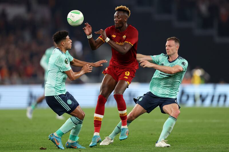 Tammy Abraham of AS Roma battles for possession with James Justin and Jonny Evans of Leicester City. Getty Images