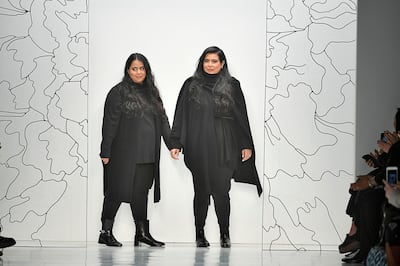 Noon By Noor founders Sheikha Haya Al Khalifa and Sheikha Noor Al Khalifa walk the runway during New York Fashion Week. Getty Images