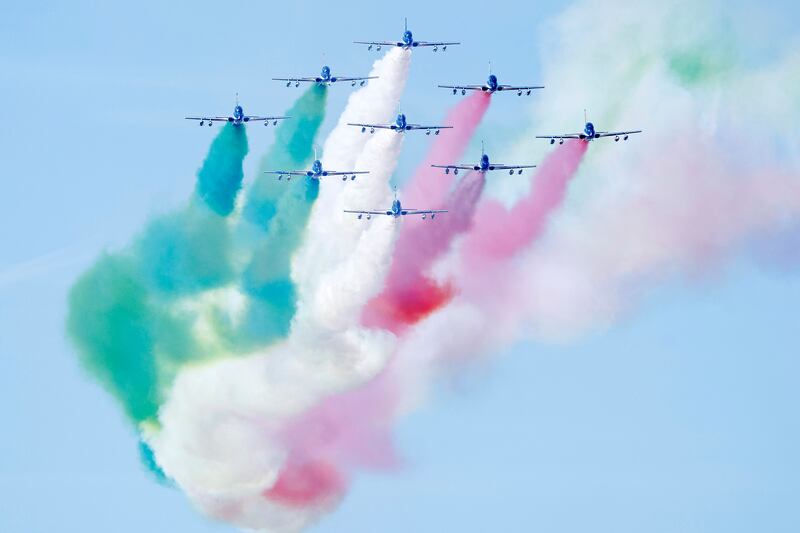 The Frecce Tricolori aerobatic squad perform in the skies over Rome to mark the 100th anniversary of the Italian Air Force. AP