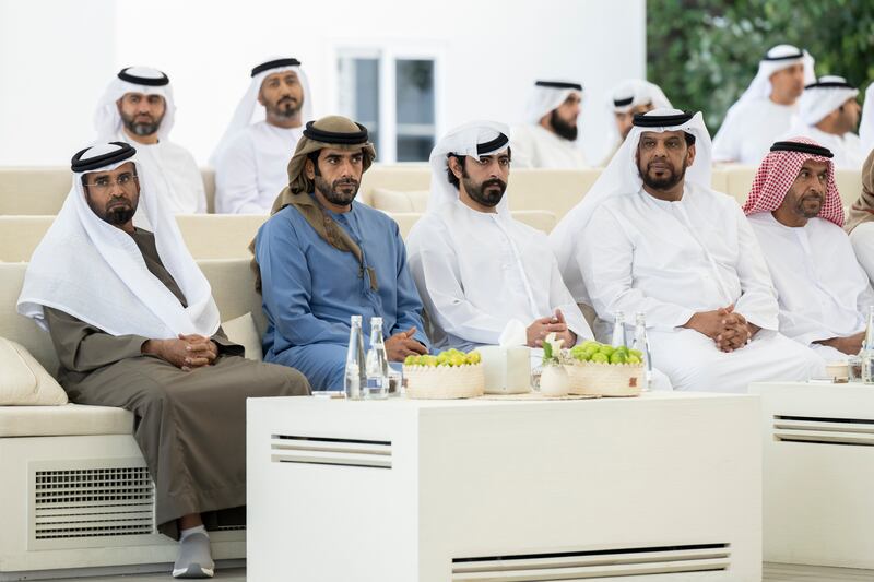 Sheikh Diab bin Tahnoun, second left, and Sheikh Zayed bin Tahnoun, third left, attend the Sea Palace barza