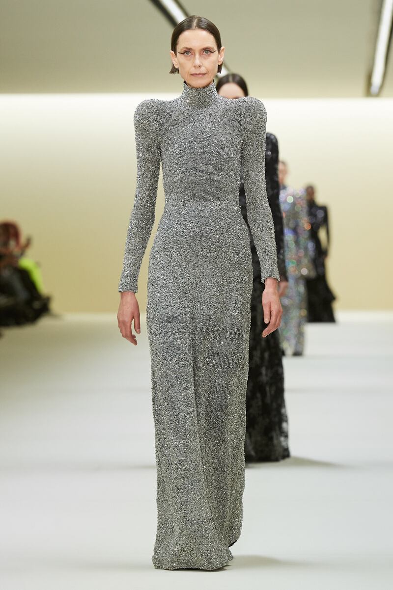 The Balenciaga show finished with a parade of shimmery evening dresses