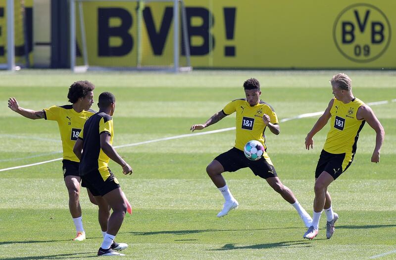 Dortmund's Jadon Sancho , second right, during training. EPA