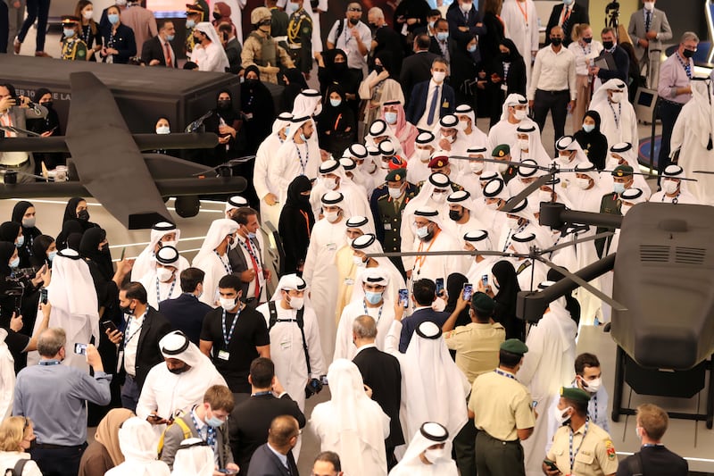 Sheikh Mohammed bin Rashid and Sheikh Hamdan bin Mohammed tour the Edge stand at the Airshow.