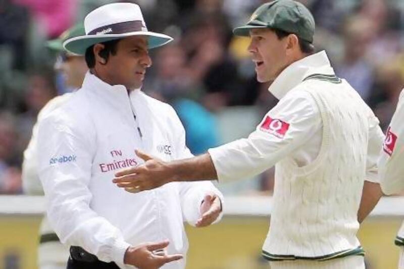 An upset Australia captain Ricky Ponting pleads his case with a Aleem Dar during the Ashes Test against England in 2010. Hamish Blair / Getty Images