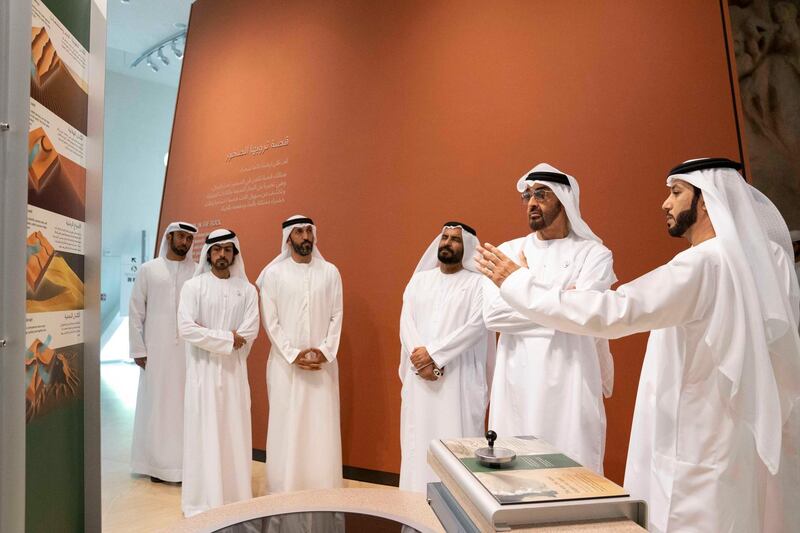 AL AIN, ABU DHABI, UNITED ARAB EMIRATES - January 17, 2019: HH Sheikh Mohamed bin Zayed Al Nahyan, Crown Prince of Abu Dhabi and Deputy Supreme Commander of the UAE Armed Forces (2nd R), tours the Sheikh Zayed Desert Learning Centre (SZDLC), at the Al Ain Zoo. Seen with Mohamed Bin Kardous Al Ameri (3rd R), HE Mohamed Mubarak Al Mazrouei, Undersecretary of the Crown Prince Court of Abu Dhabi (4th R) and HH Sheikh Khalifa bin Tahnoon bin Mohamed Al Nahyan, Director of the Martyrs' Families' Affairs Office of the Abu Dhabi Crown Prince Court (2nd L).
( Mohamed Al Hammadi / Ministry of Presidential Affairs )
---