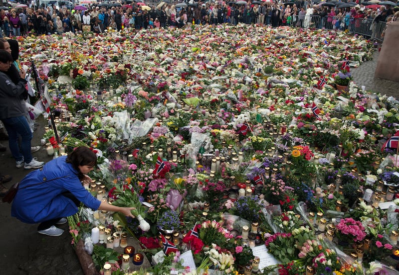 Flowers and messages of condolence Oslo Cathedral on July 25, 2011.