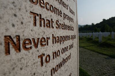 A gravestone in memory of victims of the Srebrenica massacre at the Potocari memorial centre near Srebrenica, Bosnia. AP