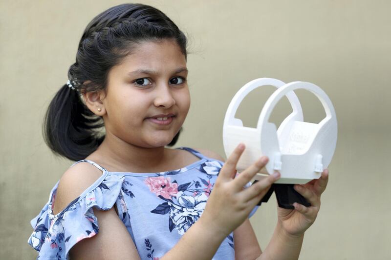 Dubai schoolgirl Krisha Vaidhya won a competition for design professionals after designing a chair inspired by the UAE's Mars Mission. She won Dh3,000 and received a 3D printed version of the chair as her prize. Pictured at her home in JVC, Dubai on April 22nd, 2021. Chris Whiteoak / The National. 
Reporter: Gillian Duncan for News