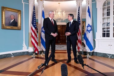 US Secretary of State Antony Blinken meets Israel's Defense Minister Benny Gantz at the State Department in Washington. Pool via Reuters