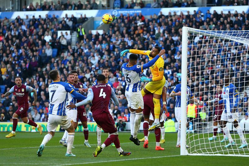 Brighton goalkeeper Robert Sanchez makes a save from a corner. Getty