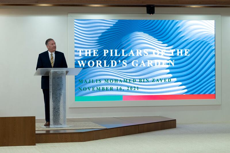 Mr Pompeo delivers his lecture. He said the UAE has ceaselessly worked to foster peace and harmony in the Middle East. Abdulla Al Neyadi / Ministry of Presidential Affairs
