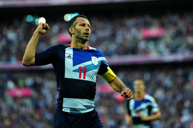 Giggs celebrates scoring a goal while captaining Great Britain at the London 2012 Olympics. Getty Images