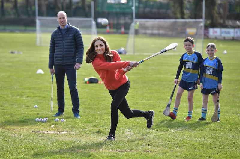 Prince William and Catherine try hurling at Salthill GAA club  during a visit to Ireland in March 2020