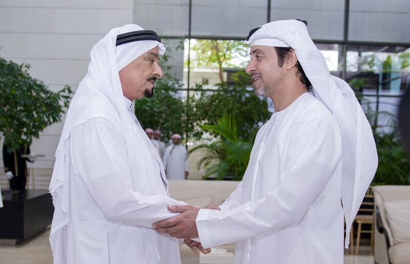 Sheikh Humaid bin Rashid Al Nuaimi, Ruler of Ajman, greets Sheikh Hazza bin Zayed, Vice Chairman of the Abu Dhabi Executive Council on Wednesday. Wam