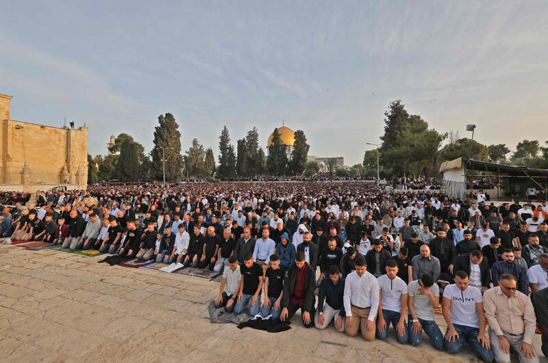 There was a peaceful atmosphere at Al Aqsa, which was the scene of violent clashes at the start of the holy month. AFP