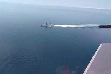 A still image taken from a video released by Russia's Defence Ministry allegedly shows British Royal Navy's Type 45 destroyer HMS Defender filmed from a Russian military aircraft in the Black Sea, June 23, 2021. Ministry of Defence of the Russian Federation/Reuters