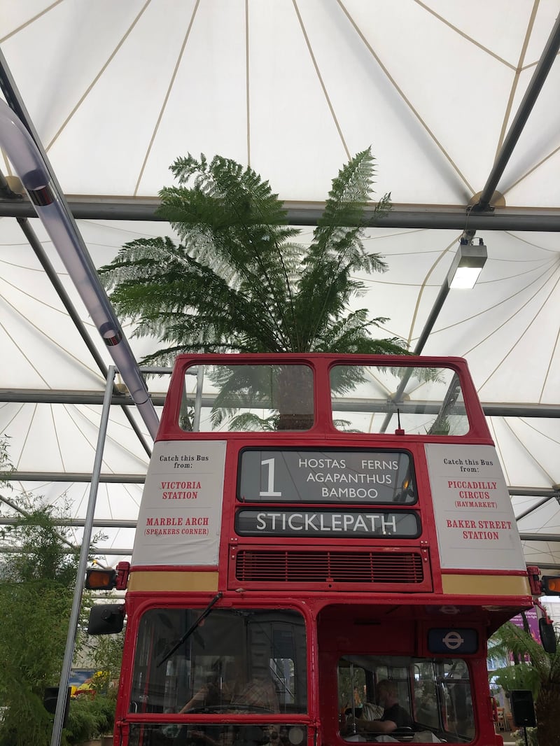 Red London Routemaster bus for hostas, ferns, agapanthus and bamboo