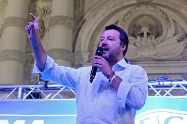 Italian Deputy Premier and Interior Minister Matteo Salvini speaks during a rally of his far-right League party in Turin. EPA