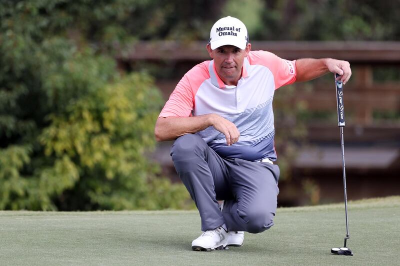 HOUSTON, TEXAS - NOVEMBER 08: Padraig Harrington of Ireland lines up a putt on the seventh green during the final round of the Houston Open at Memorial Park Golf Course on November 08, 2020 in Houston, Texas.   Maddie Meyer/Getty Images/AFP