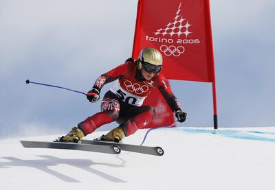 SAN SICARIO FRAITEVE, ITALY - FEBRUARY 14:  Chrine Njeim of Lebanon competes in the Womens Alpine Skiing Downhill Training on Day 4 of the 2006 Turin Winter Olympic Games on February 14, 2006 in San Sicario Fraiteve, Italy.  (Photo by Jed Jacobsohn/Getty Images)