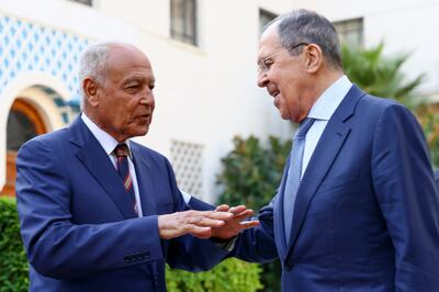 Russian Foreign Minister Sergey Lavrov speaks with Arab League Secretary General Ahmed Aboul Gheit during a meeting in Cairo, Egypt. Russian Foreign Ministry Press Service / AP