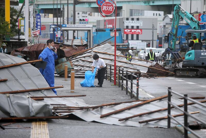 A destroyed roof lies on a street after typhoon Haishen hit Kyushu island overnight in Fukuoka, Japan.  EPA