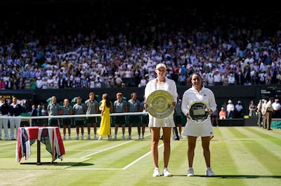 Elena Rybakina (left) with the The Venus Rosewater Dish after defeating Ons Jabeur in The Final of the Ladies' Singles on day thirteen of the 2022 Wimbledon Championships at the All England Lawn Tennis and Croquet Club, Wimbledon, on July 9. PA Wire