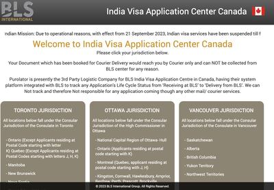 A screenshot showing the visa suspension notice on the BLS Canada website. Screenshot