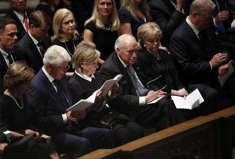 Former first lady Laura Bush, former President Bill Clinton, former Secretary of State Hillary Clinton, former vice president Dick Cheney and his wife Lynne and former vice president Al Gore arrive at a memorial service for John McCain. AP