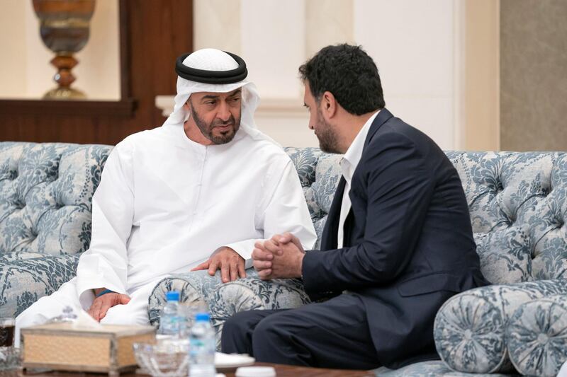 ABU DHABI, UNITED ARAB EMIRATES - November 20, 2019: HE Asadullah Khalid, Minister of Defense of Afghanistan (R), offers condolences to HH Sheikh Mohamed bin Zayed Al Nahyan, Crown Prince of Abu Dhabi and Deputy Supreme Commander of the UAE Armed Forces (L), on the passing of the late HH Sheikh Sultan bin Zayed Al Nahyan, at Al Mushrif Palace.

( Hamad Al Mansoori for the Ministry of Presidential Affairs )
---