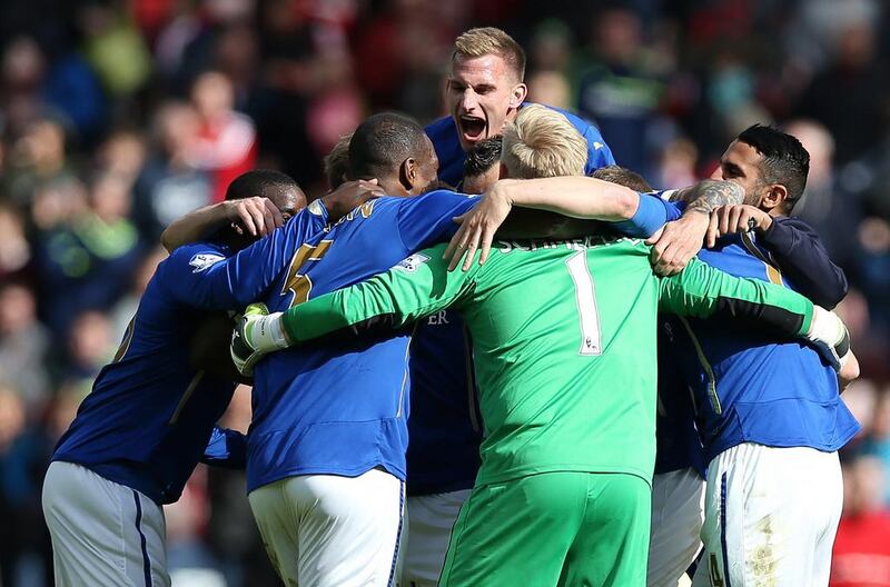 Visiting Leicester City players celebrate at full time after their goalless draw against Sunderland on Saturday. Ian MacNicol / AFP