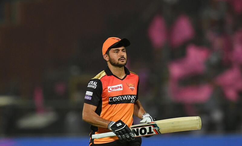 Sunrisers Hyderabad batsman Manish Pandey walks back to the pavillion after being dismissd by Rajasthan Royals bowler Shreyas Gopal during the 2019 Indian Premier League (IPL) Twenty20 cricket match between Rajasthan Royals and Sunrisers Hyderabad at the Sawai Mansingh Stadium in Jaipur on April 27, 2019. (Photo by Money SHARMA / AFP) / ----IMAGE RESTRICTED TO EDITORIAL USE - STRICTLY NO COMMERCIAL USE-----