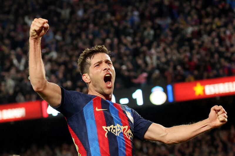 Sergi Roberto celebrates after scoring Barcelona's first goal in their La Liga victory over Real Madrid on March 20, 2023. Reuters
