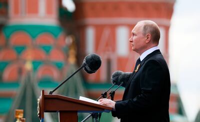 Russian President Vladimir Putin delivers his speech during the Victory Day military parade in Moscow, Russia. AP Photo