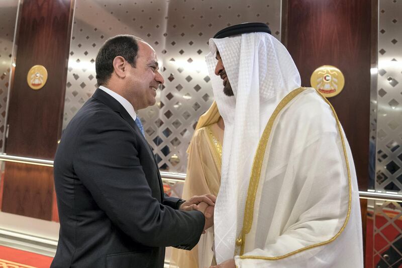 ABU DHABI, UNITED ARAB EMIRATES - February 06, 2018: HH Sheikh Mohamed bin Zayed Al Nahyan, Crown Prince of Abu Dhabi and Deputy Supreme Commander of the UAE Armed Forces (R), greets HE Abdel Fattah El Sisi, President of Egypt (L), during a reception at the Presidential Airport.


( Mohamed Al Hammadi / Crown Prince Court - Abu Dhabi )
---