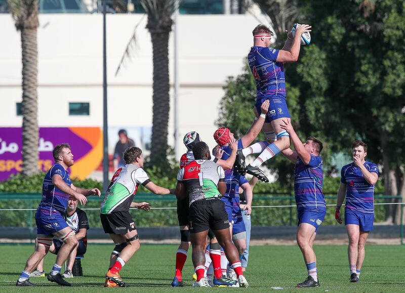 Jebel Ali Dragons win a lineout against Abu Dhabi Harlequins during the West Asia Premiership game. Victor Besa / The National