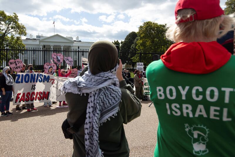 Pro-Palestinian supporters demonstrate outside the White House on Monday. Reuters