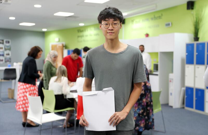 ABU DHABI ,  UNITED ARAB EMIRATES , AUGUST 22 – 2019 :- Yeon Hoonlee after receiving the GCSE results at the Brighton College in Abu Dhabi. ( Pawan Singh / The National ) For News. Story by Kelly