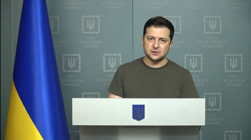 Ukrainian President Volodymyr Zelenskyy holding a briefing in Kyiv. He said that Azerbaijan's President Ilham Aliyev and Turkey's Recep Tayyip Erdogan have suggested talks with Russia, which 'can only be welcomed'. AFP