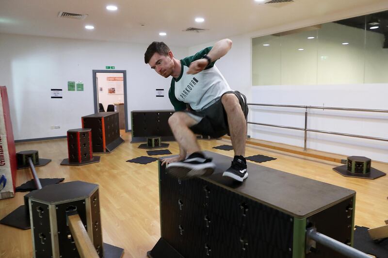 DUBAI, UNITED ARAB EMIRATES , November 4 – 2020 :- Harry Murden, British Spiderman giving demonstration how to parkour at the Parkour DXB in Al Quoz in Dubai. (Pawan Singh / The National) For POAN. Story Sarwat 